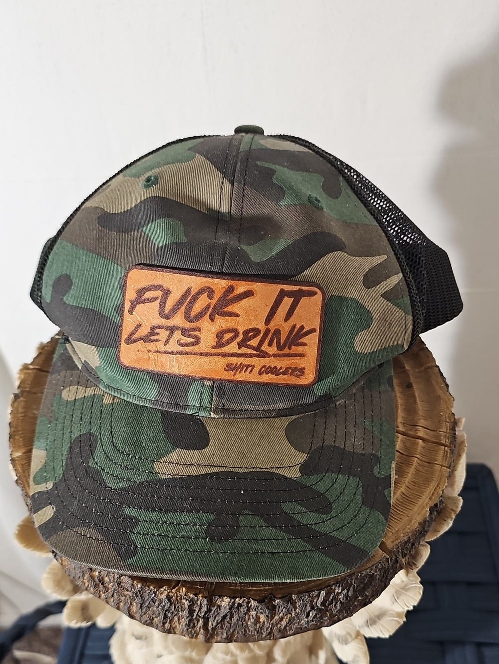 Camo Mesh Trucker Hat with Leather Patch - Green Camo